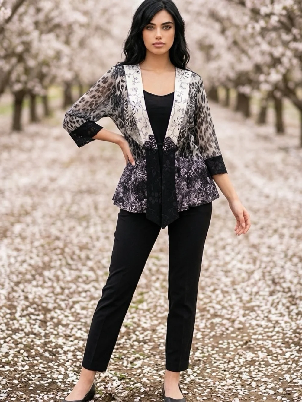 Tracy Collin’s black gray animal floral print open kimono cardigan sz 1X
